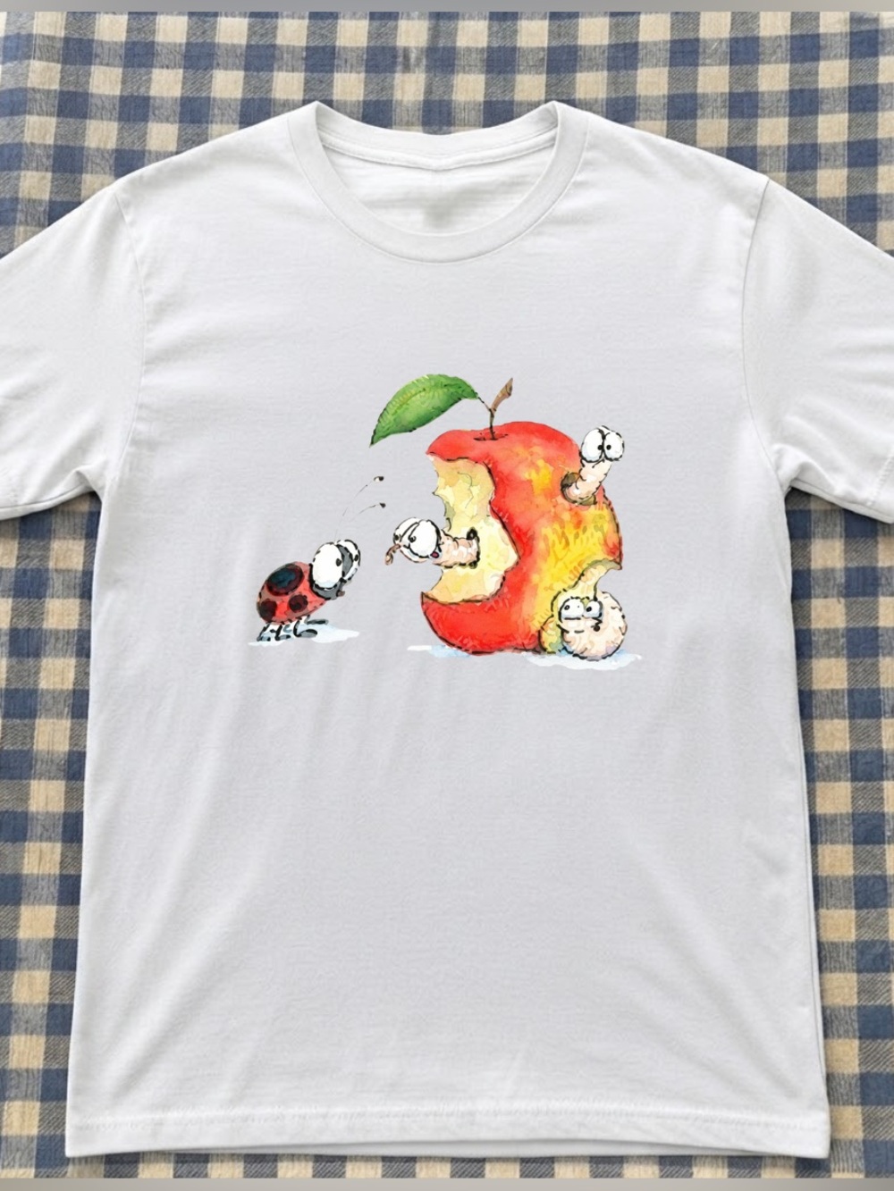 White Playful Apple & Bug Graphic Tee, Classic Cute Bug illustration For Unisex
